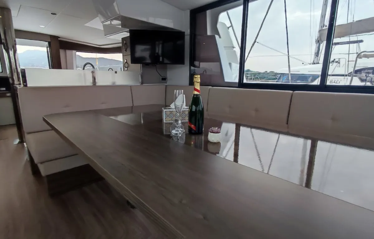 Salon of Physeter, a Bali 4.8 catamaran at Olbia, Italy