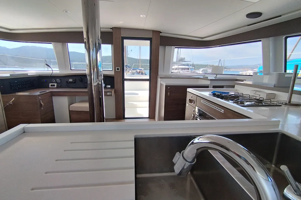 Galley of Physeter, a Bali 4.8 catamaran at Olbia, Italy