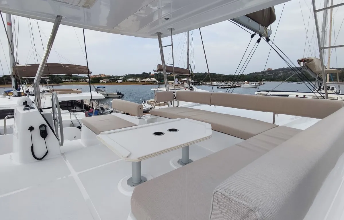Deck of Physeter, a Bali 4.8 catamaran at Olbia, Italy