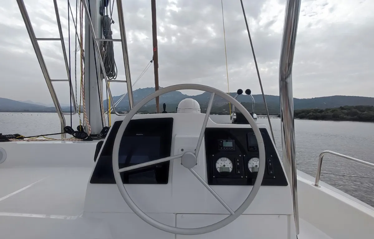 Cockpit of Physeter, a Bali 4.8 catamaran at Olbia, Italy