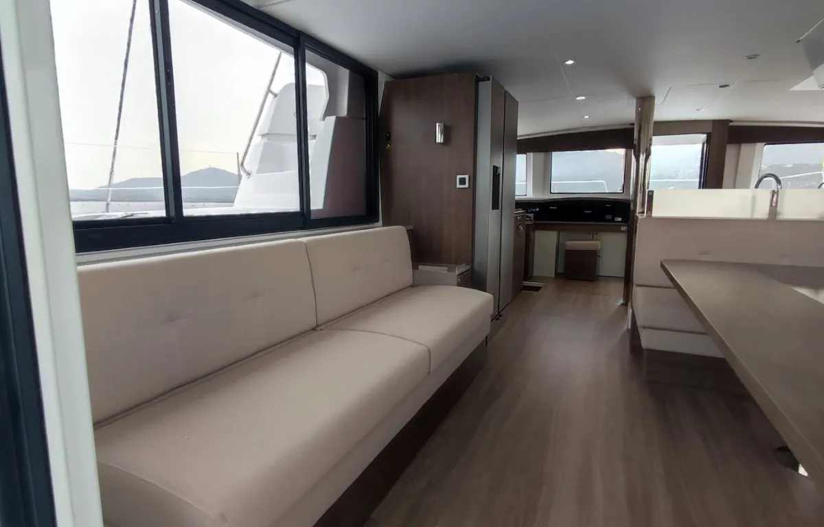 Salon of Physeter, a Bali 4.8 catamaran at Olbia, Italy