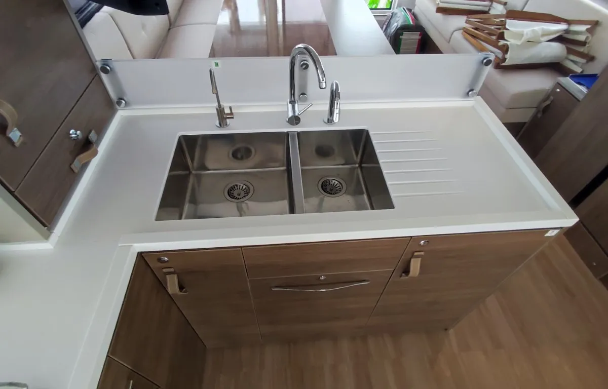 Galley of Physeter, a Bali 4.8 catamaran at Olbia, Italy