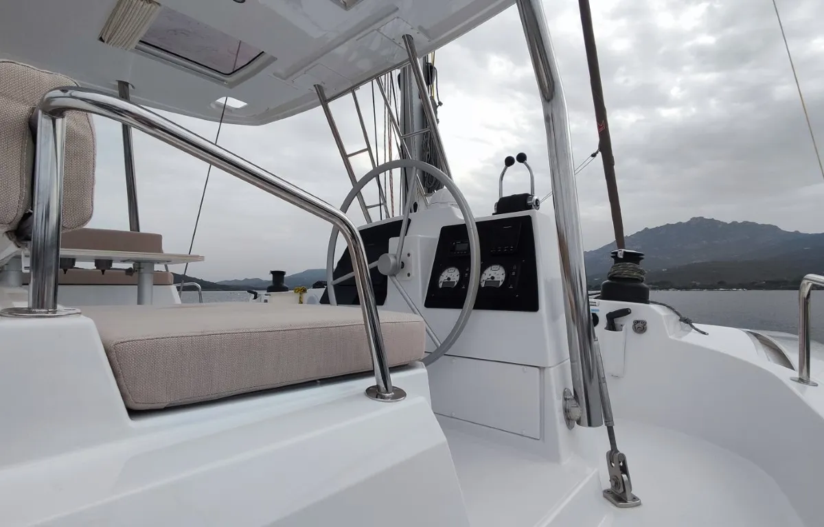 Cockpit of Physeter, a Bali 4.8 catamaran at Olbia, Italy