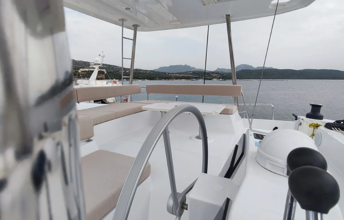 Deck of Physeter, a Bali 4.8 catamaran at Olbia, Italy