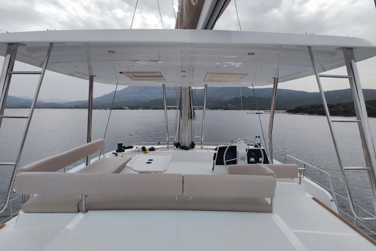 Deck of Physeter, a Bali 4.8 catamaran at Olbia, Italy