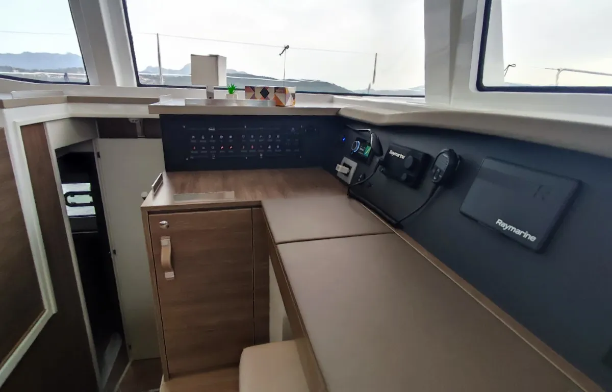 Cockpit of Physeter, a Bali 4.8 catamaran at Olbia, Italy