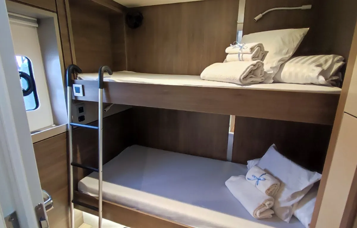 Cabin on Physeter, a Bali 4.8 catamaran at Olbia, Italy