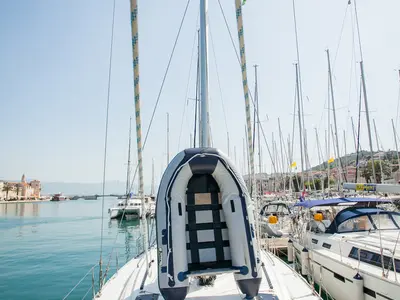Deck of Game Point, a Bavaria Cruiser 51 sailboat at Dubrovnik, Croatia