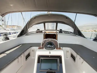 Cockpit of Game Point, a Bavaria Cruiser 51 sailboat at Dubrovnik, Croatia