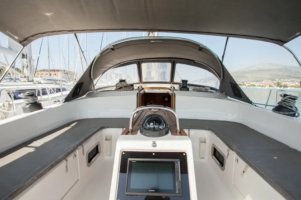 Cockpit of Game Point, a Bavaria Cruiser 51 sailboat at Dubrovnik, Croatia
