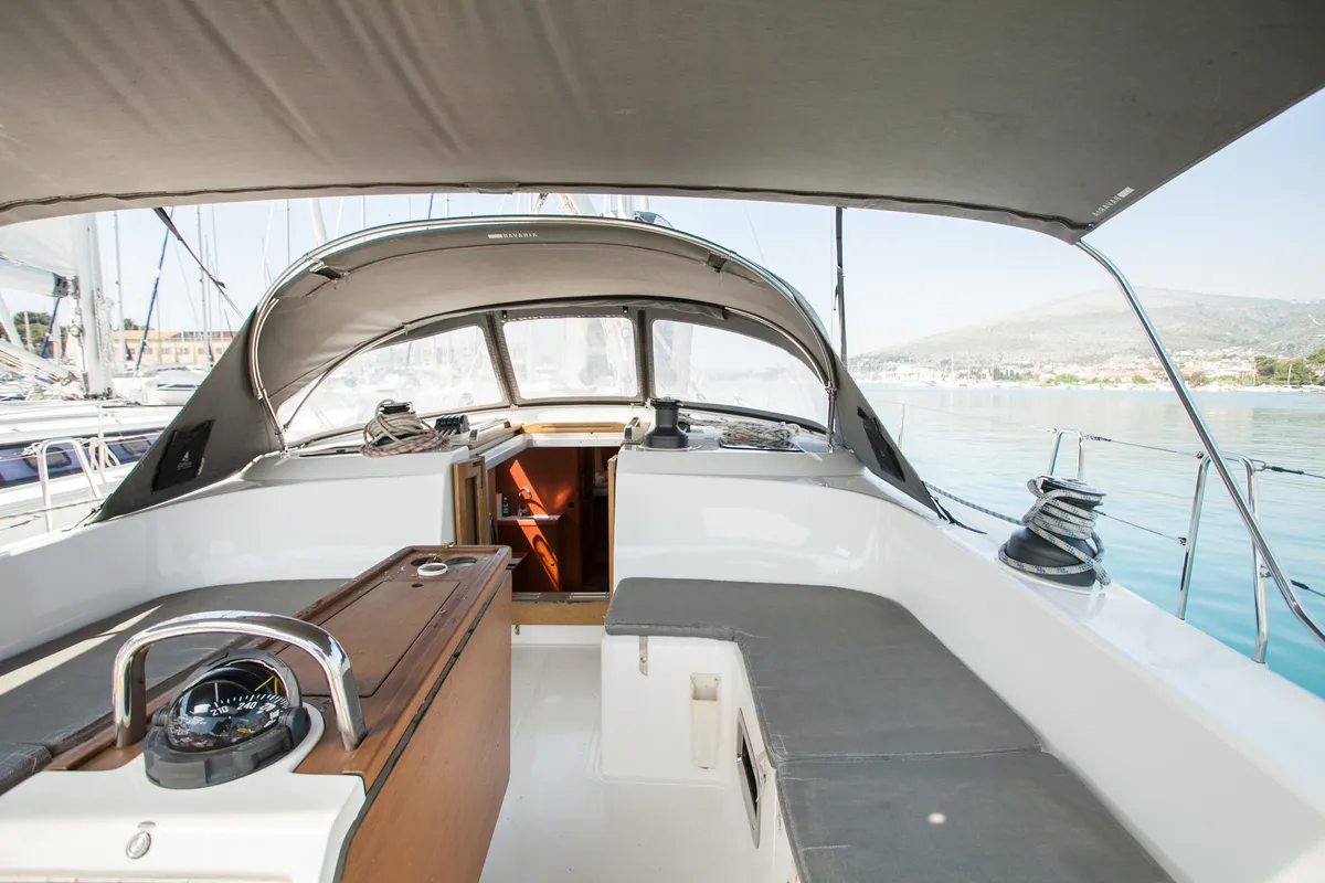 Deck of Game Point, a Bavaria Cruiser 51 sailboat at Dubrovnik, Croatia