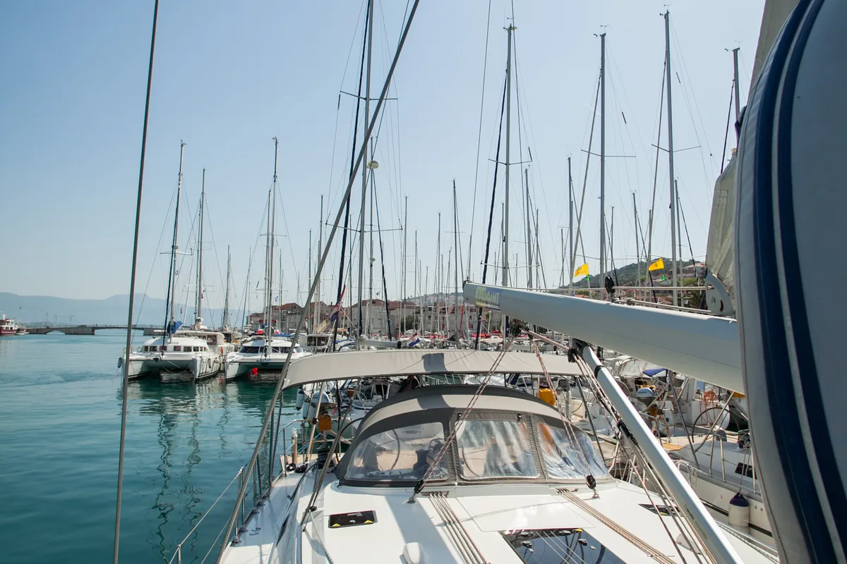 Deck of Game Point, a Bavaria Cruiser 51 sailboat at Dubrovnik, Croatia