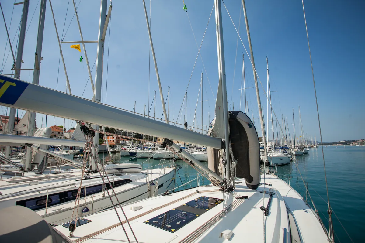 Deck of Game Point, a Bavaria Cruiser 51 sailboat at Dubrovnik, Croatia