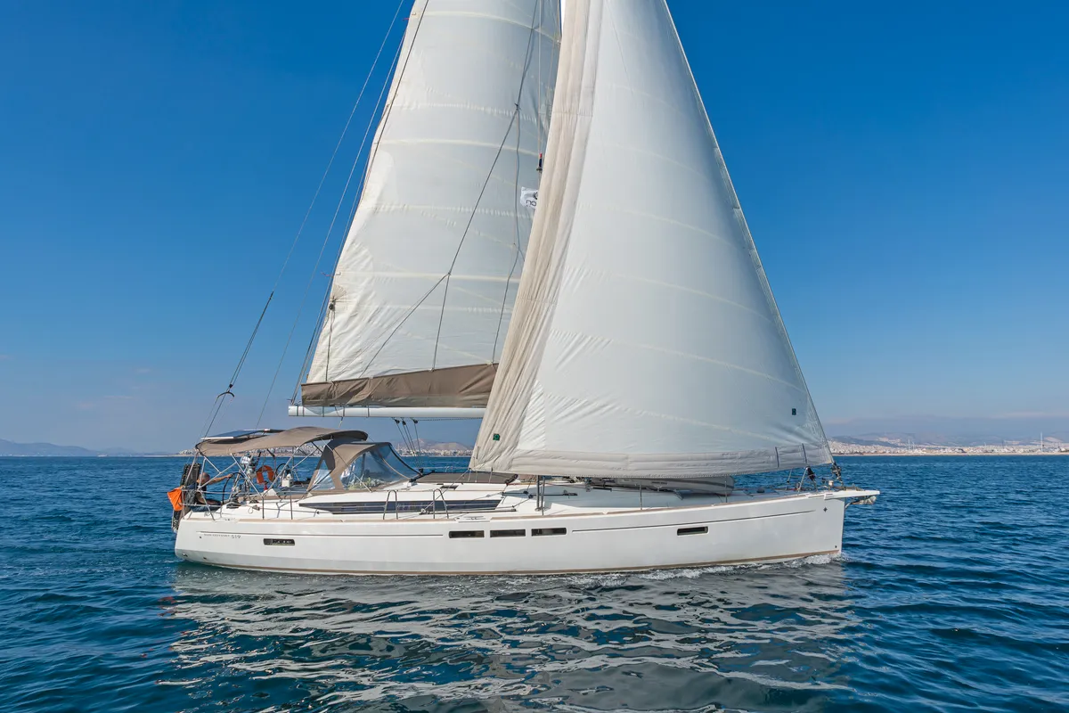Exterior view of Eva , a Jeanneau Sun Odyssey 519 sailboat at Parikia, Greece