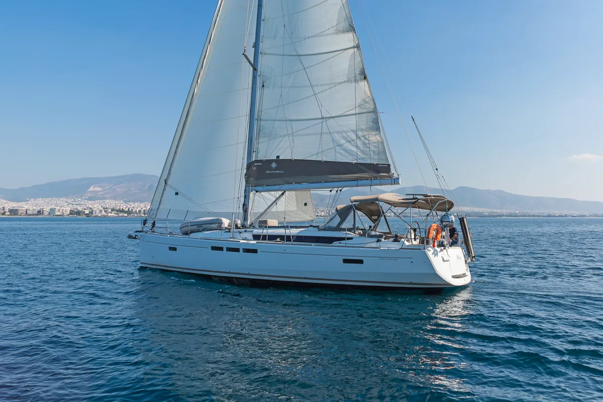 Exterior view of Eva , a Jeanneau Sun Odyssey 519 sailboat at Parikia, Greece