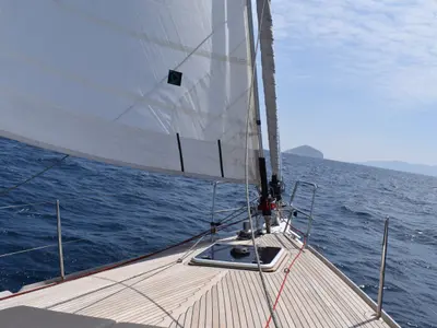 Deck of Eva , a Jeanneau Sun Odyssey 519 sailboat at Parikia, Greece