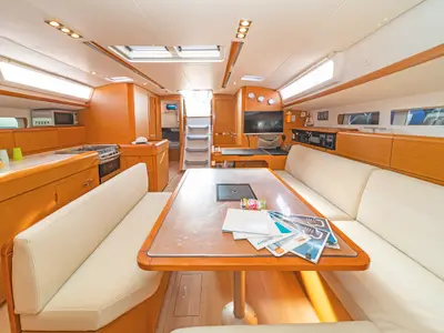 Salon of Eva , a Jeanneau Sun Odyssey 519 sailboat at Parikia, Greece