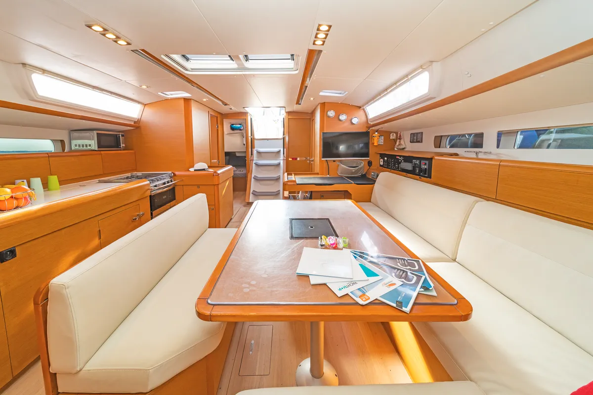Salon of Eva , a Jeanneau Sun Odyssey 519 sailboat at Parikia, Greece
