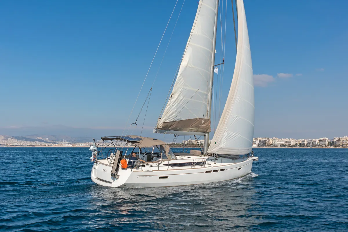 Exterior view of Eva , a Jeanneau Sun Odyssey 519 sailboat at Parikia, Greece