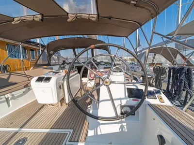 Cockpit of Eva , a Jeanneau Sun Odyssey 519 sailboat at Parikia, Greece