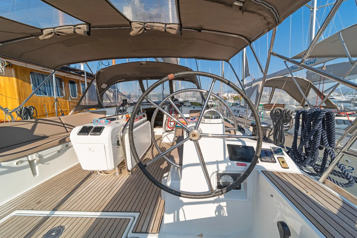 Cockpit of Eva , a Jeanneau Sun Odyssey 519 sailboat at Parikia, Greece