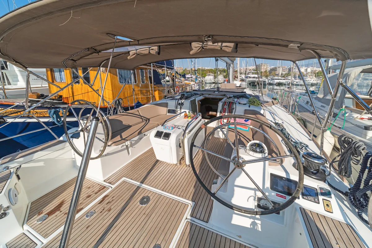 Cockpit of Eva , a Jeanneau Sun Odyssey 519 sailboat at Parikia, Greece
