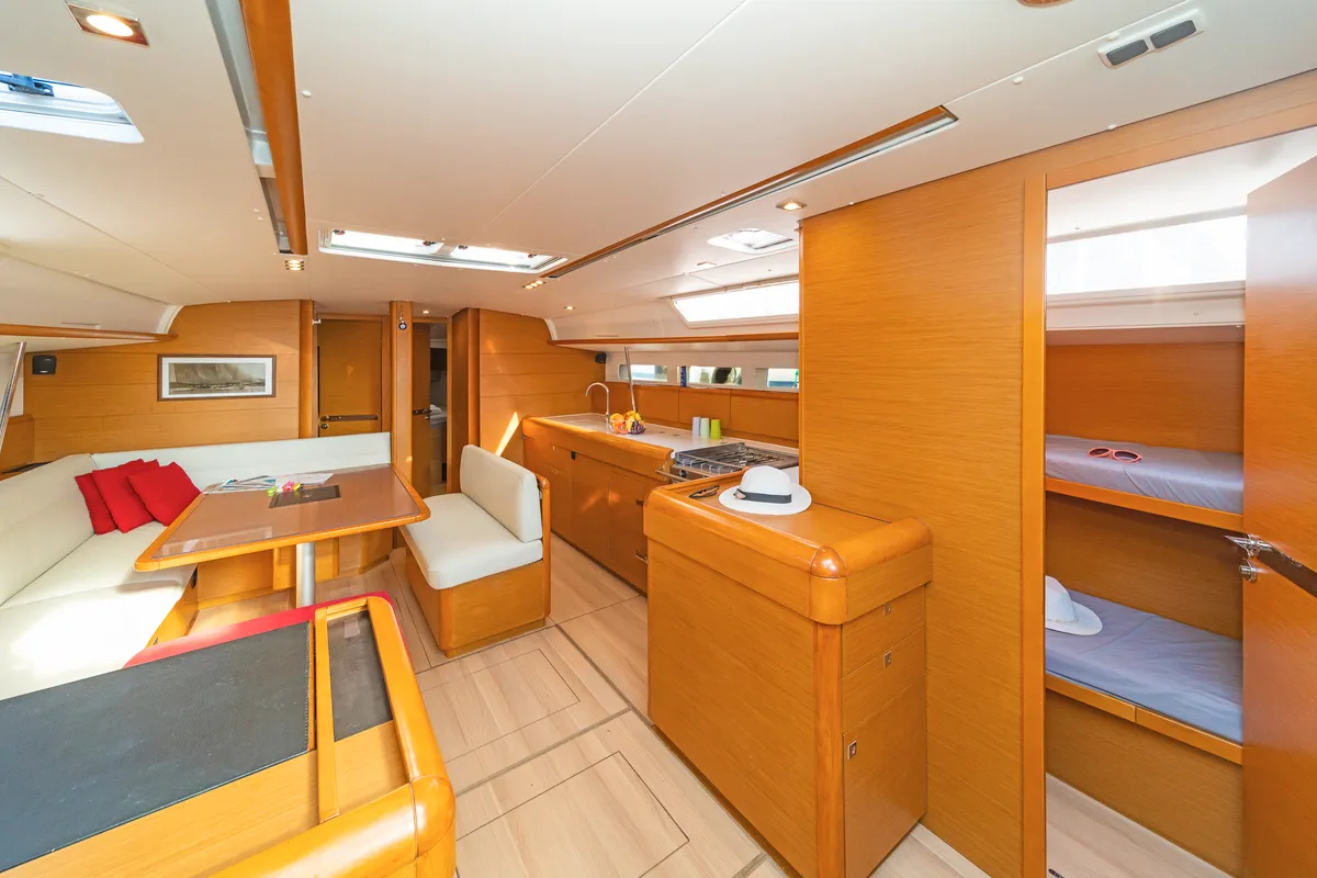Salon of Eva , a Jeanneau Sun Odyssey 519 sailboat at Parikia, Greece
