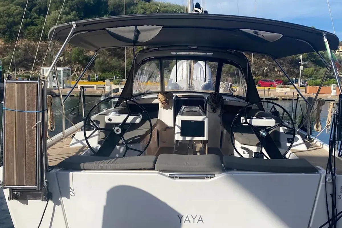 Cockpit of Yaya, a Dufour 390 sailboat at Olbia, Italy