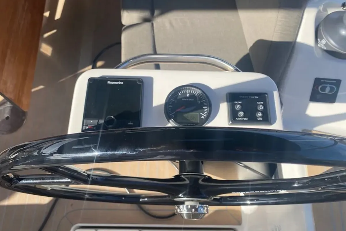 Cockpit of Yaya, a Dufour 390 sailboat at Olbia, Italy