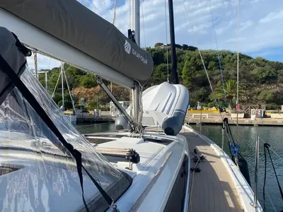 Deck of Yaya, a Dufour 390 sailboat at Olbia, Italy