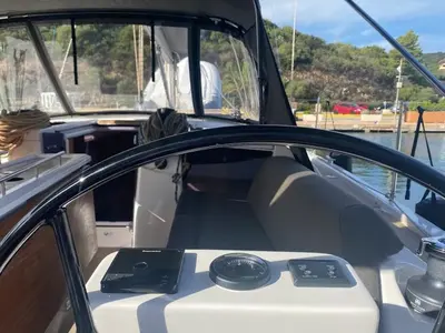 Cockpit of Yaya, a Dufour 390 sailboat at Olbia, Italy