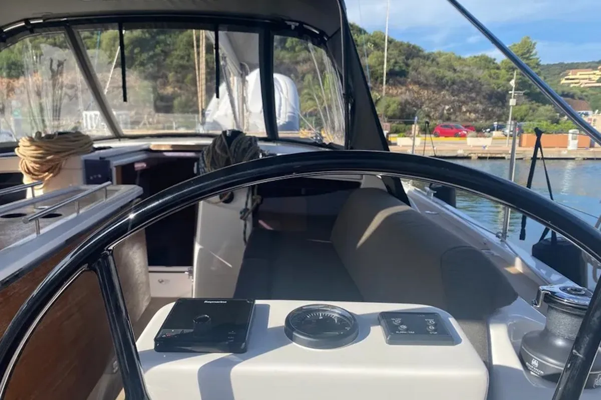 Cockpit of Yaya, a Dufour 390 sailboat at Olbia, Italy