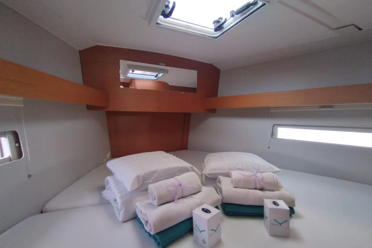 Cabin on Yaya, a Dufour 390 sailboat at Olbia, Italy