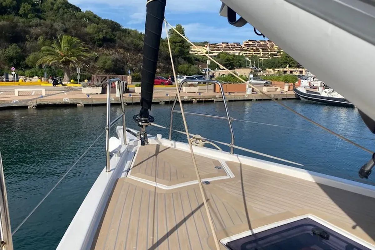 Deck of Yaya, a Dufour 390 sailboat at Olbia, Italy