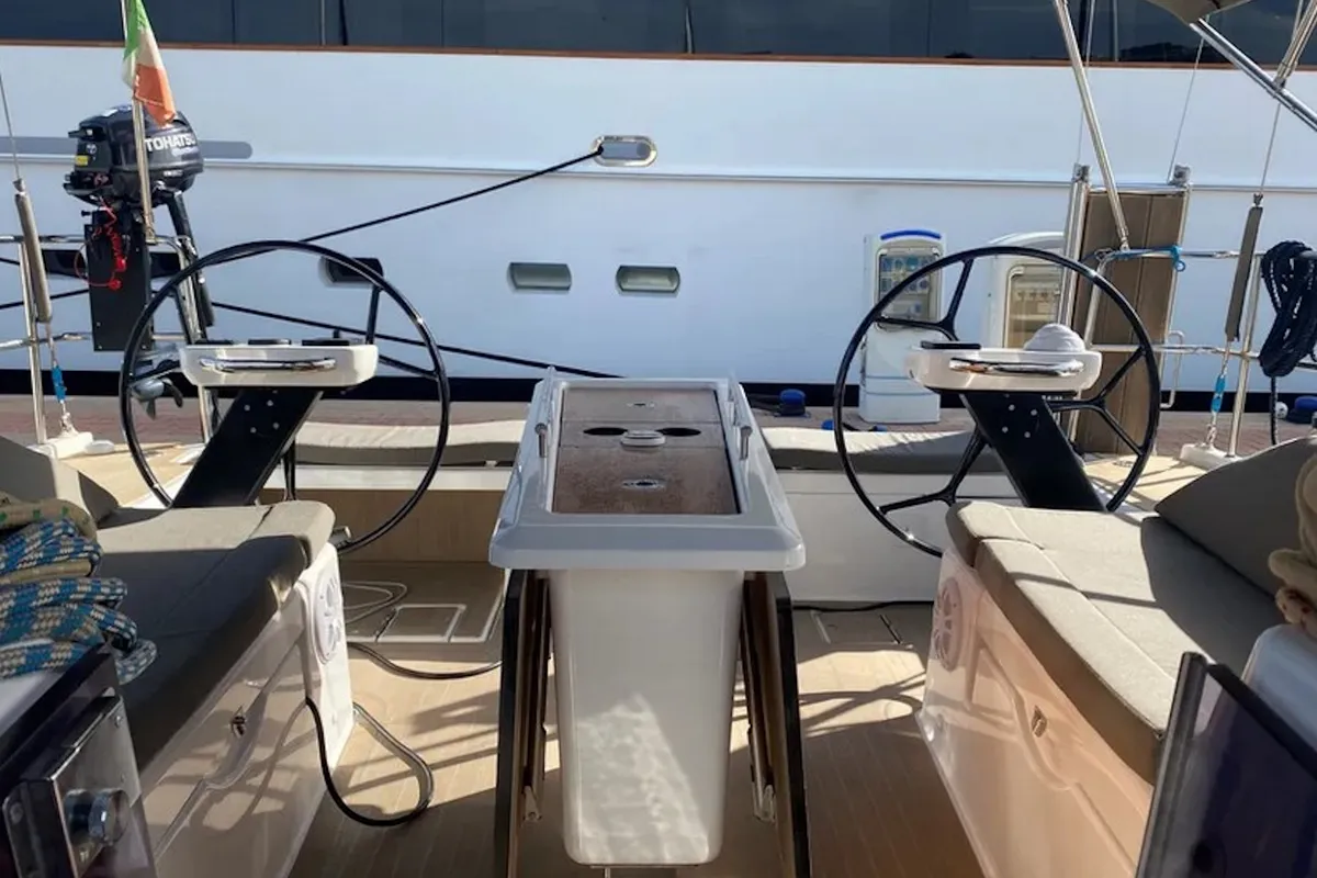Cockpit of Yaya, a Dufour 390 sailboat at Olbia, Italy