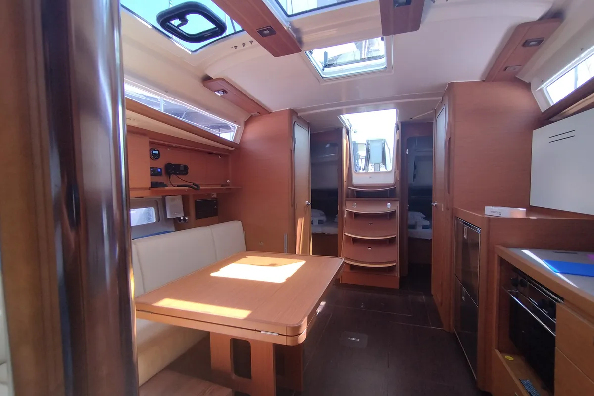 Salon of Yaya, a Dufour 390 sailboat at Olbia, Italy