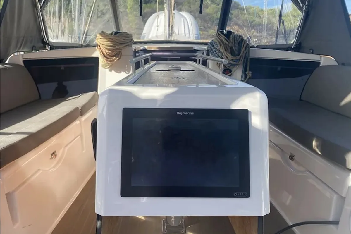 Cockpit of Yaya, a Dufour 390 sailboat at Olbia, Italy