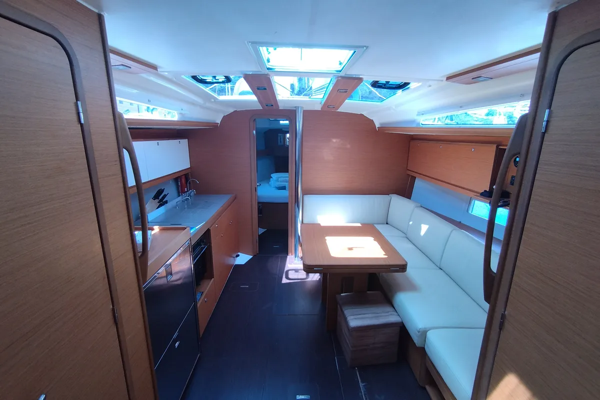 Salon of Yaya, a Dufour 390 sailboat at Olbia, Italy