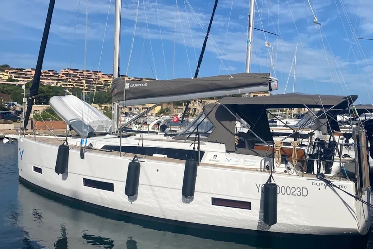 Exterior view of Yaya, a Dufour 390 sailboat at Olbia, Italy