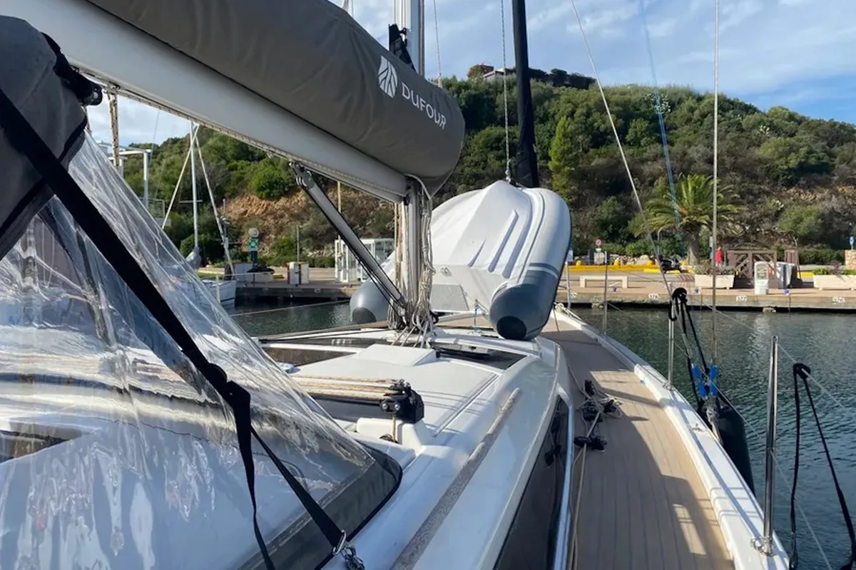Deck of Yaya, a Dufour 390 sailboat at Olbia, Italy