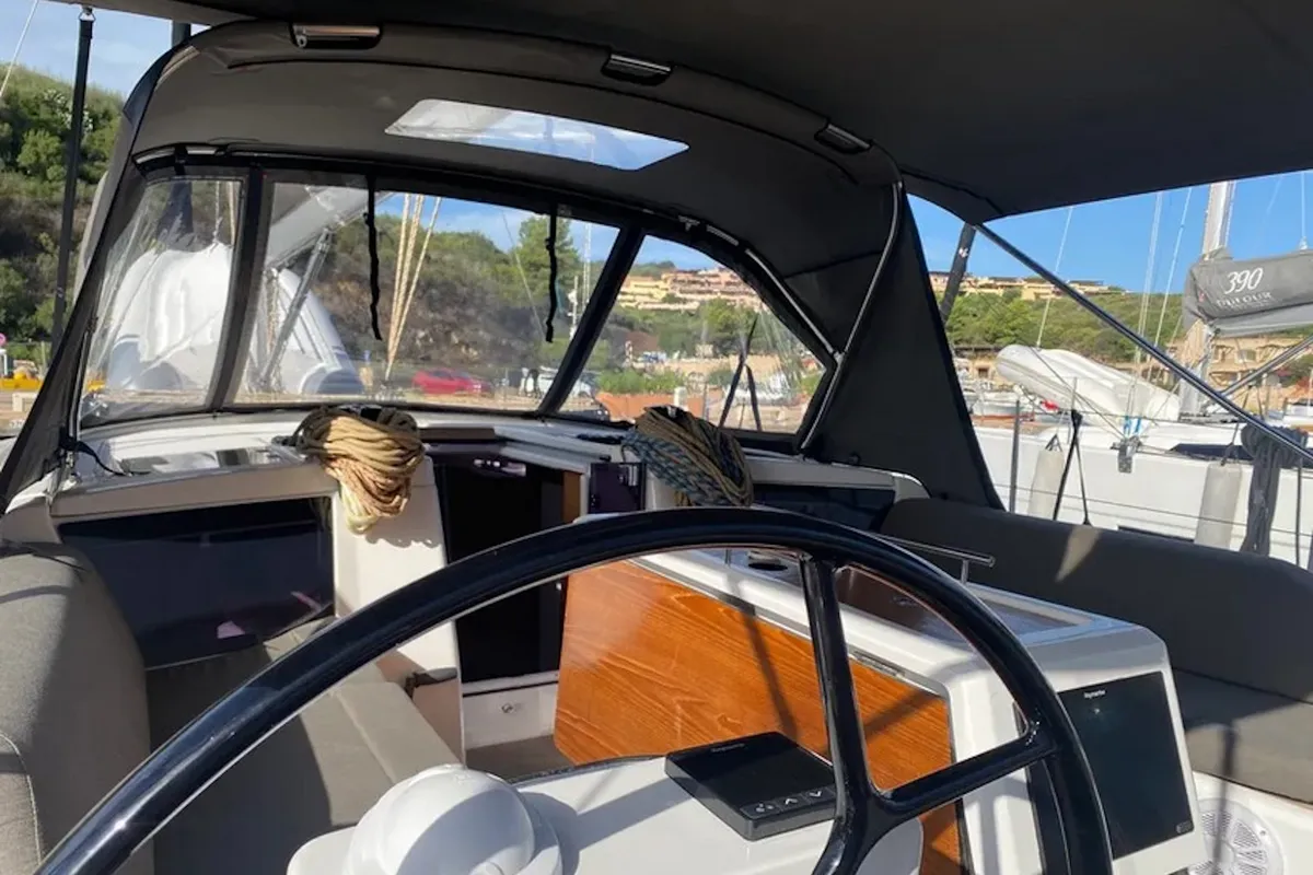 Cockpit of Yaya, a Dufour 390 sailboat at Olbia, Italy