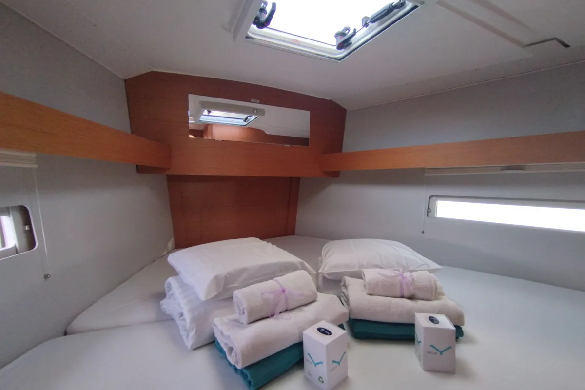 Cabin on Yaya, a Dufour 390 sailboat at Olbia, Italy