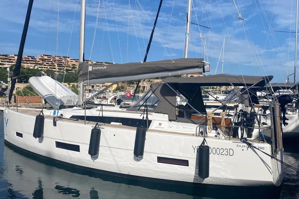 Exterior view of Yaya, a Dufour 390 sailboat at Olbia, Italy