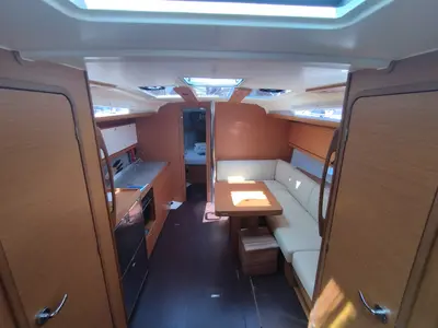 Salon of Yaya, a Dufour 390 sailboat at Olbia, Italy