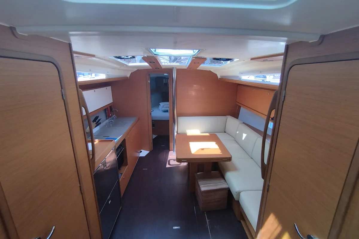 Salon of Yaya, a Dufour 390 sailboat at Olbia, Italy