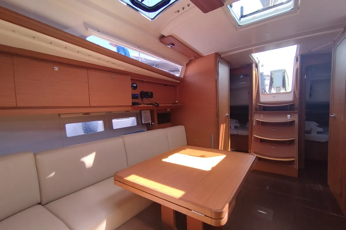 Salon of Yaya, a Dufour 390 sailboat at Olbia, Italy