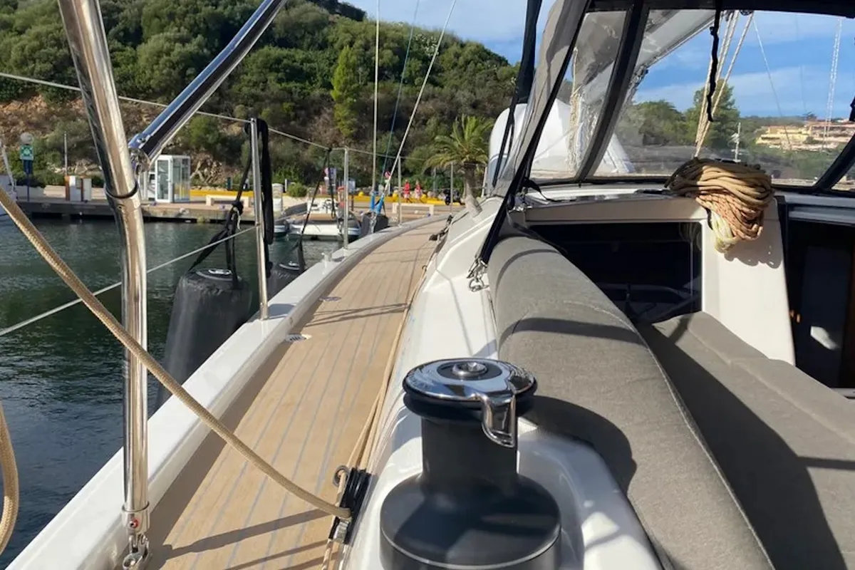 Deck of Yaya, a Dufour 390 sailboat at Olbia, Italy