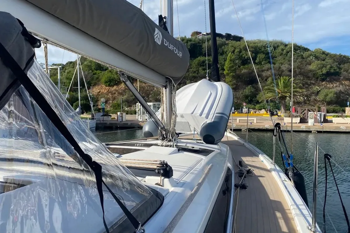 Exterior view of Yaya, a Dufour 390 sailboat at Olbia, Italy