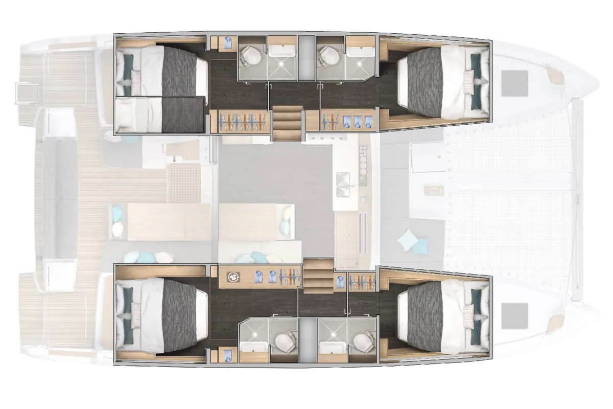 Floor plan of Premium, a Lagoon 43 catamaran at Papeete, France
