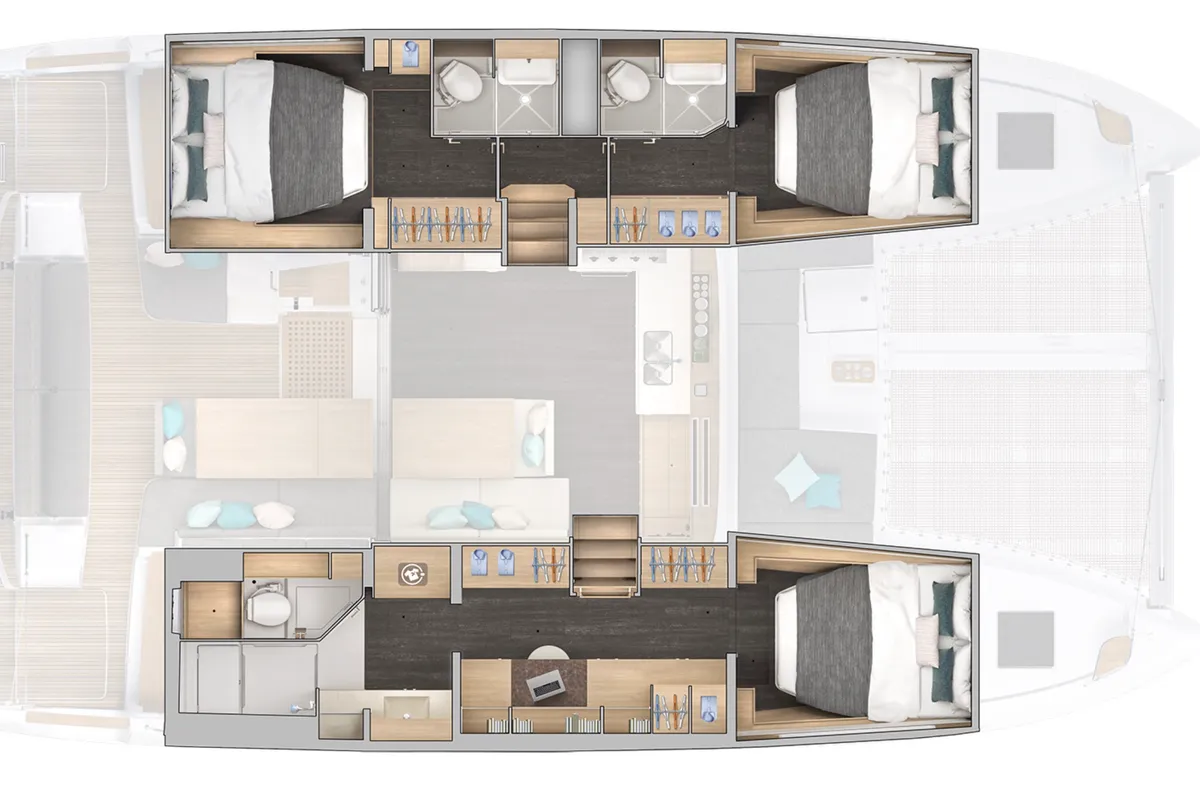 Floor plan of Premium, a Lagoon 43 catamaran at Papeete, France